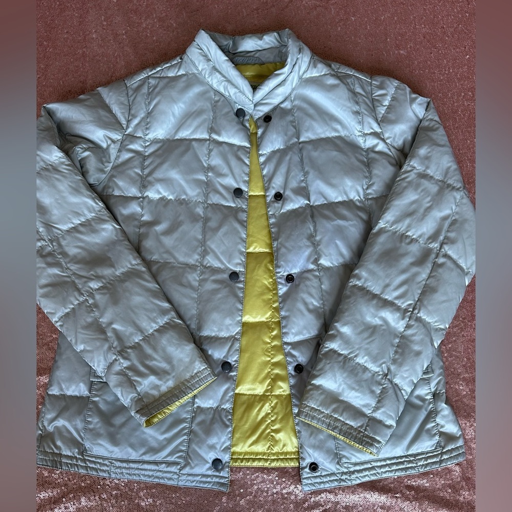 Vintage Eddie Bauer Silver Gray Down Jacket 550 Fill Snap Front Retro Woman